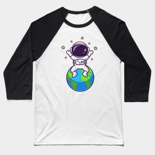 Cute Astronaut Sitting On Earth With Star Cartoon Baseball T-Shirt